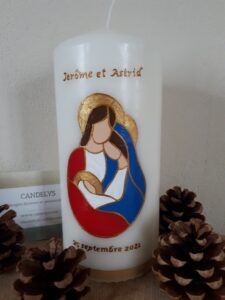 Sainte Famille Bougie peinte – Idée cadeau personnalisé| Candelys cierge mariage