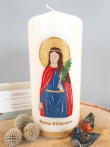 Saint Philomène Bougie peinte – Idée cadeau personnalisé| Candelys cierge baptême